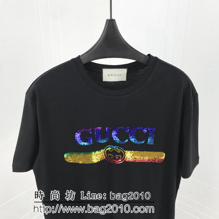 GUCCI古馳 19ss早春新款 燙金亮片LOGO短袖 定制原版珠片 水洗米白色 高版本情侶款 ydi2532